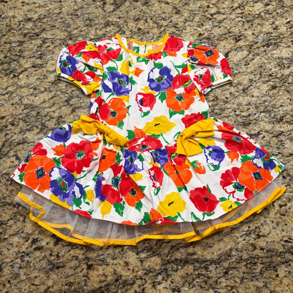 Vintage Special Occasions Girls 3T Floral Party Dress Yellow Bows Mesh Hem 90s